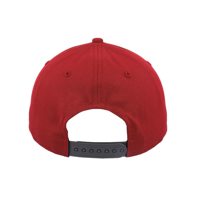 A red Classic 5 Panel Cap featuring a flat visor and an adjustable strap at the back. Includes a logo on the side.