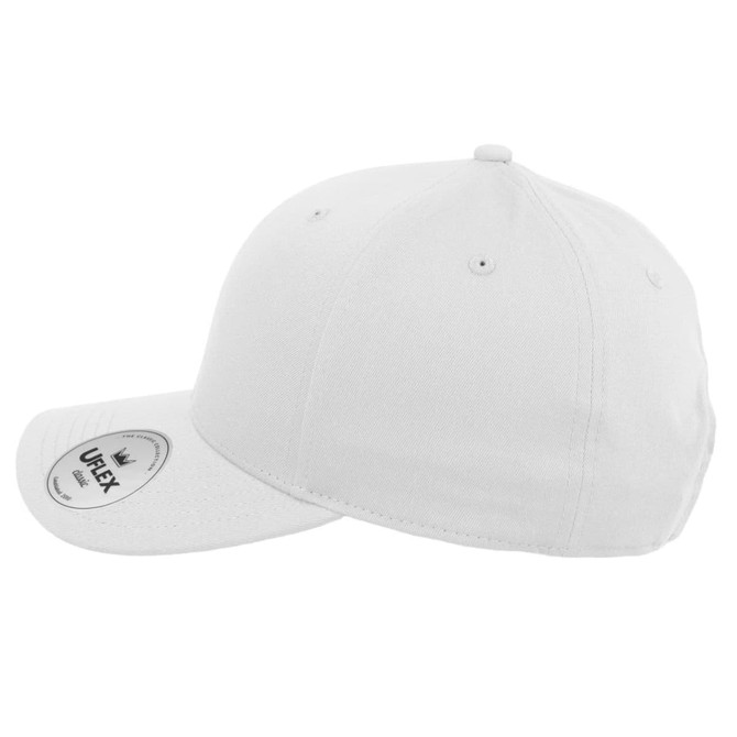 A classic white 5-panel cap featuring a curved brim and a branding label on the underside.