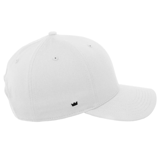 A classic white 5-panel cap featuring a black logo on the side.