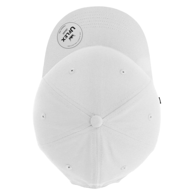 A classic white five-panel cap featuring a logo and a smooth, structured design.