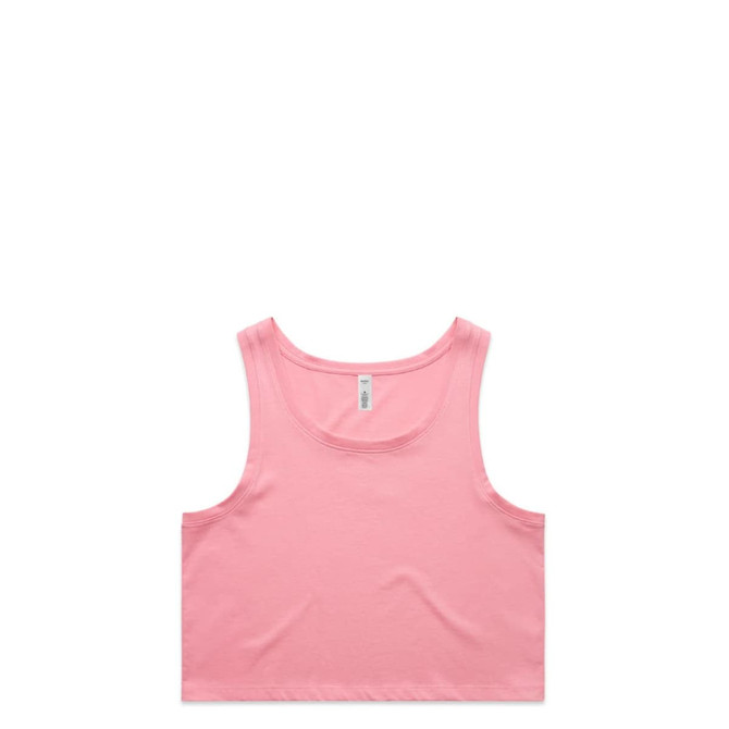 A pink crop singlet with a simple design, featuring a branding logo on the label.