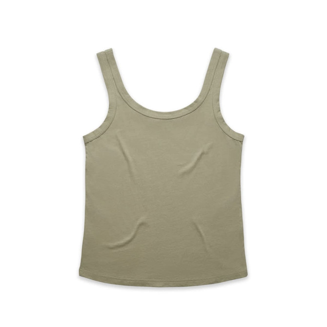 A soft, olive green singlet with wide straps and a rounded neckline, featuring a small logo.
