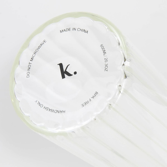 A drink bottle with a clear linear design, featuring a circular base and a logo. The bottle is made from glass.