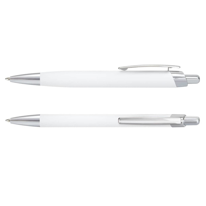 A metal pen set in white with chrome accents, featuring two distinct pen designs and a logo.