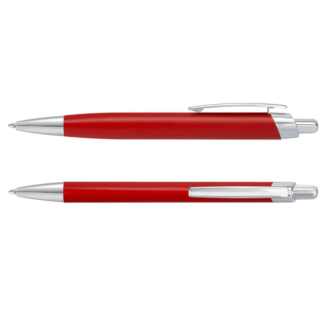 A pair of red metal pens with silver accents, featuring a sleek design and a functional clip.