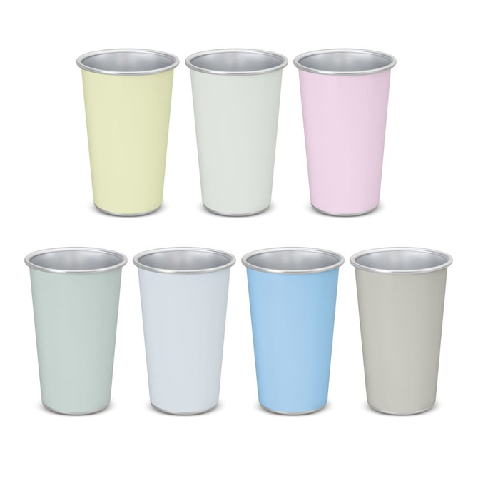 A drink cup set featuring eight pastel colours, with a metallic interior and a smooth finish, showcasing a variety of shades.