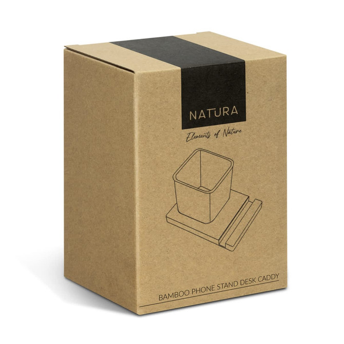 A brown cardboard box containing a bamboo phone stand desk caddy, featuring a simple design and a logo.