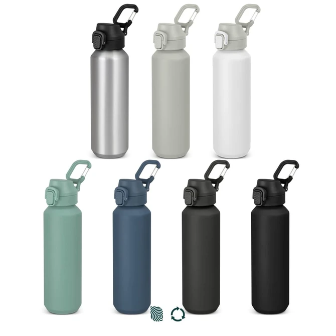 A drink bottle collection featuring eight bottles in silver, grey, white, teal, and black, each with a lid and a logo.