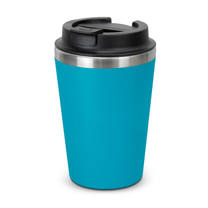 A turquoise coffee cup with a black lid and a stainless steel band. It features a branded logo.