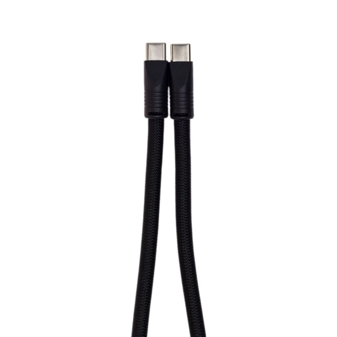 A black charging cable featuring two USB connectors with a braided design. It includes a logo on the connector.