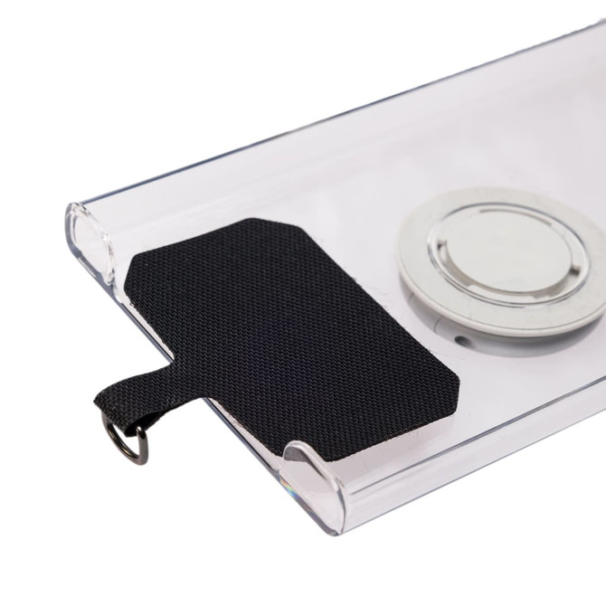 A black phone lanyard with a metal ring, designed to attach to a mobile phone case. The case is transparent.
