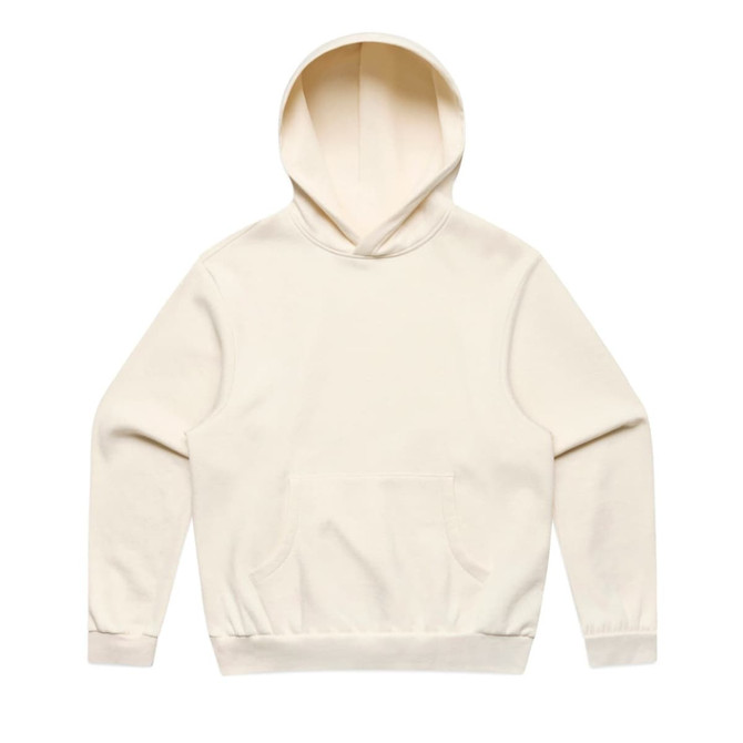 A cream sweatshirt with a hood and a front pocket, featuring a logo on the chest area.