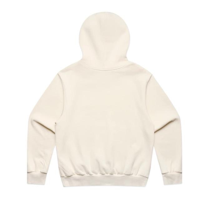 A cream-coloured hoodie with a hood and long sleeves, featuring a waistband. It has a logo at the back.