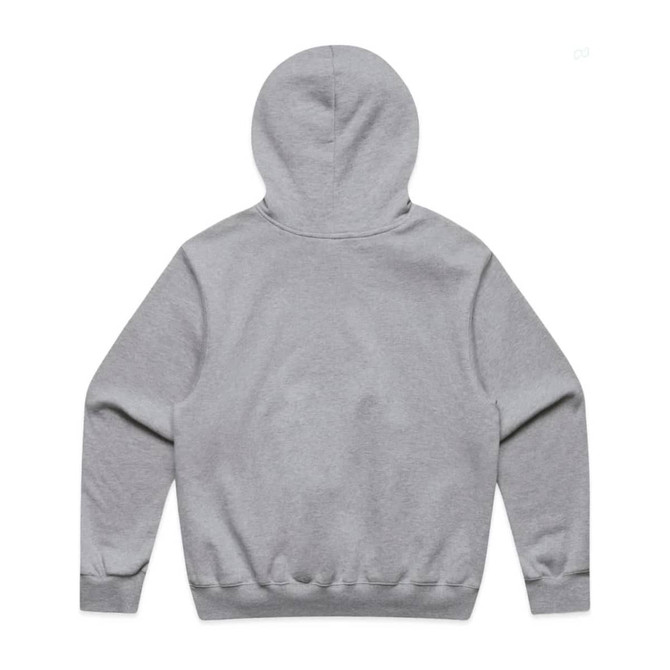 A grey hoodie with a back view, featuring a hood and a simple design. It includes a logo on the garment.
