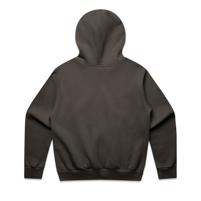 A dark grey hoodie with a fitted design and a rear view showcasing the hood and waistband. Features a logo.