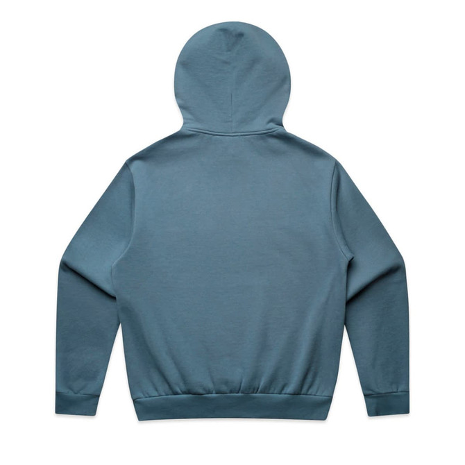 A blue hoodie featuring a kangaroo pouch and a hood, with a solid back design.