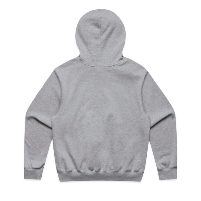 A grey hoodie featuring a full back design and a hood. It includes a branding logo.