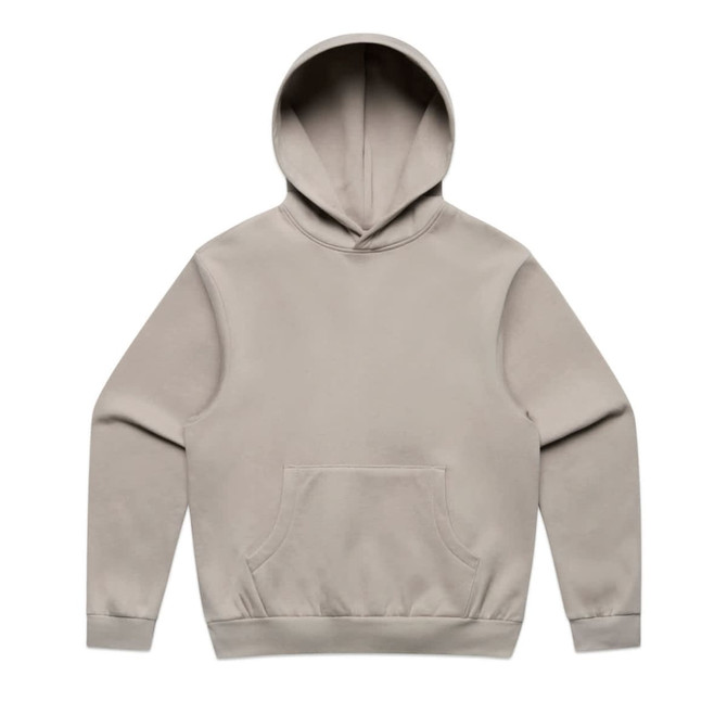 A light beige hoodie featuring a front pocket and a hood, with a logo on the chest.