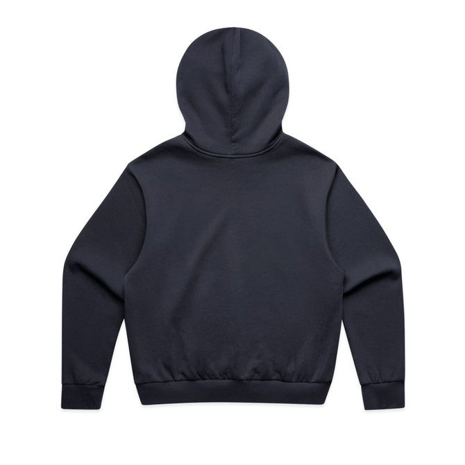 A black jumper with a hood, featuring a plain back design and long sleeves. It includes a branding logo.