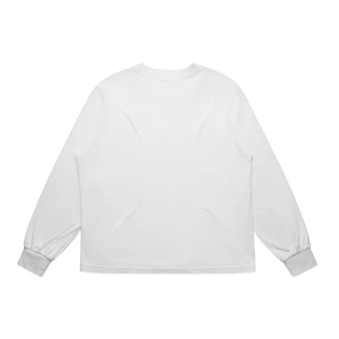 A white long-sleeve T-shirt featuring a plain back and cuffed sleeves. It has a logo on the front.