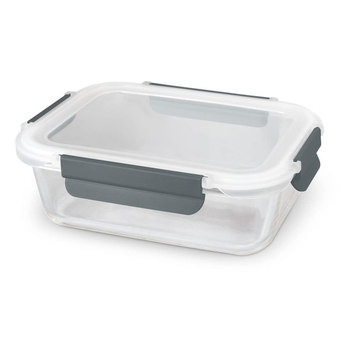 A rectangular glass lunch box with a transparent lid and grey silicone clips. It has a sleek design and a minimalistic style.