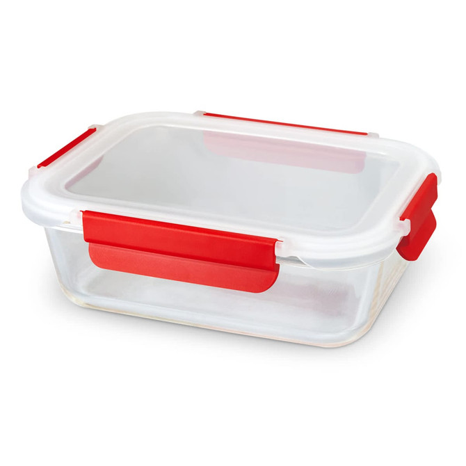 A glass lunch box with a transparent body and red clips on the lid. It features a secure, airtight design.