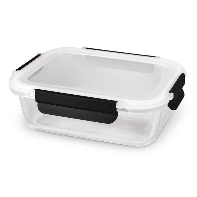 A clear glass lunch box with a white lid and black clips, featuring a simple design and airtight seal.