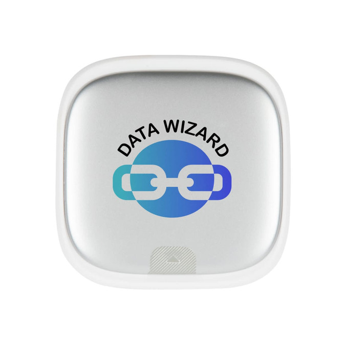 A square, silver charging cable set with a white base and a logo featuring linked chains in blue and violet.