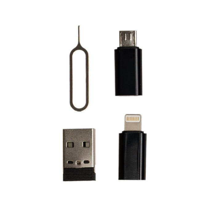 A black retractable charging cable set featuring a USB connector, micro USB connector, and a SIM card ejector tool.