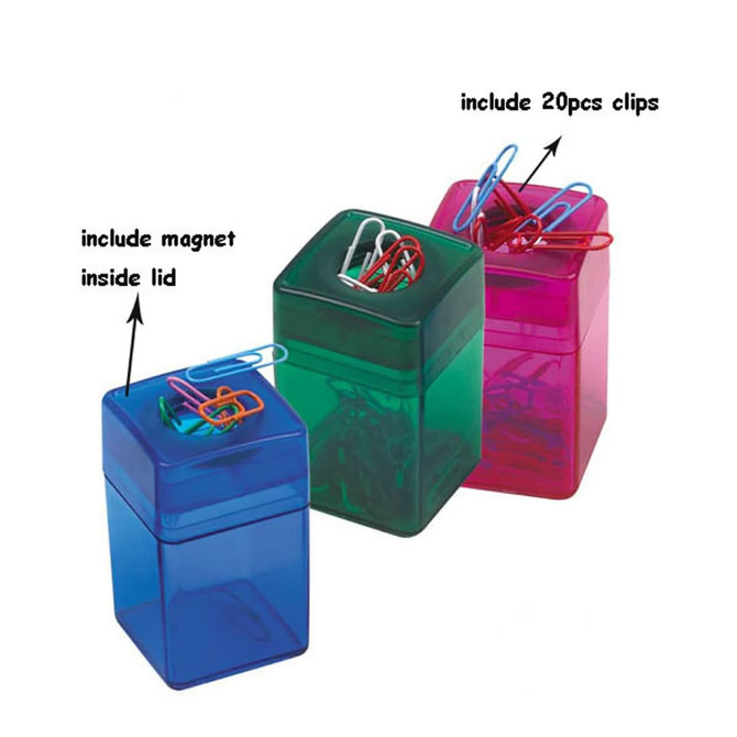 A set of three transparent clip dispensers in blue, green, and pink, each containing paper clips and a magnet.