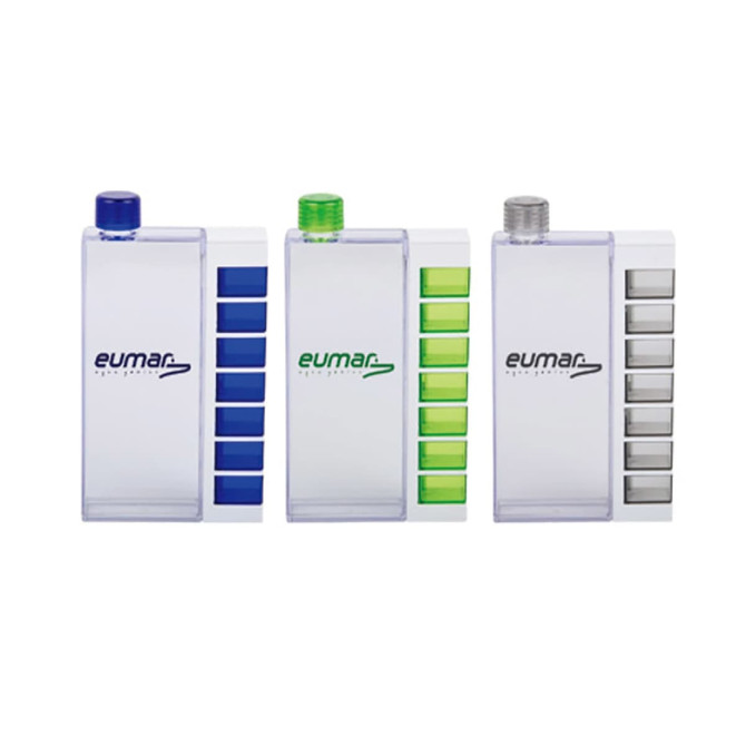 A drink bottle with a pillbox feature, available in transparent design with blue, green, and grey accents. It has a logo.