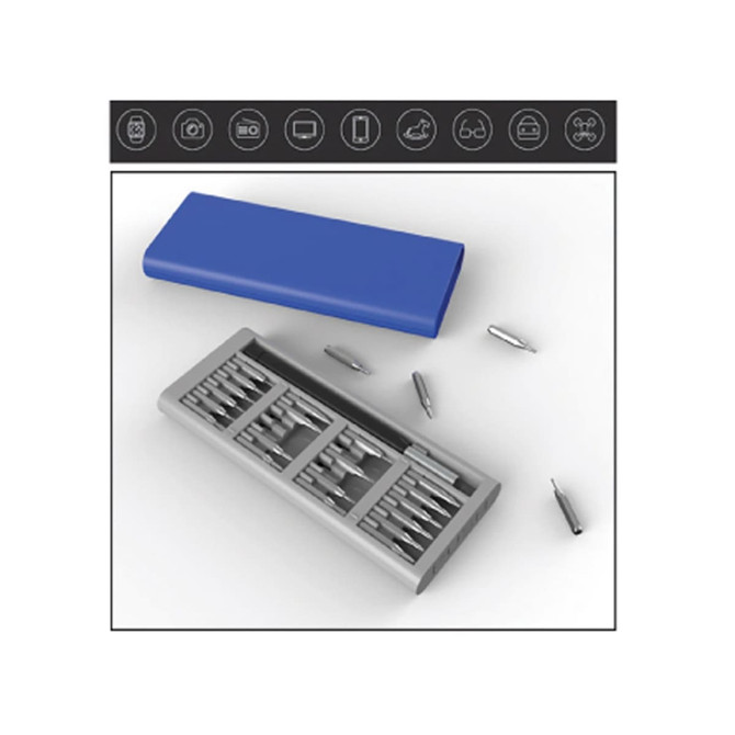 A blue tool set with a grey casing, featuring multiple screwdriver bits arranged in a tray alongside loose bits.
