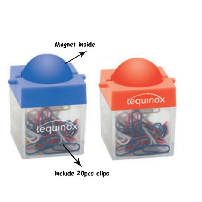 A red and a blue clip dispenser with a transparent base, each containing assorted paper clips inside.
