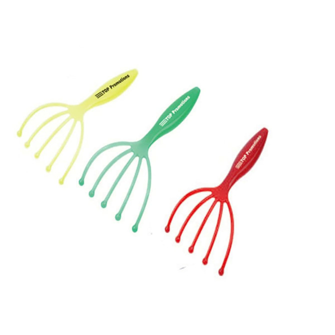 A set of three head massagers in yellow, green, and red with ergonomic handles and a branding logo.