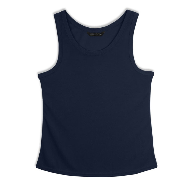 A navy blue women's sports tank top with a round neckline and a simple design. It has a logo on the label.