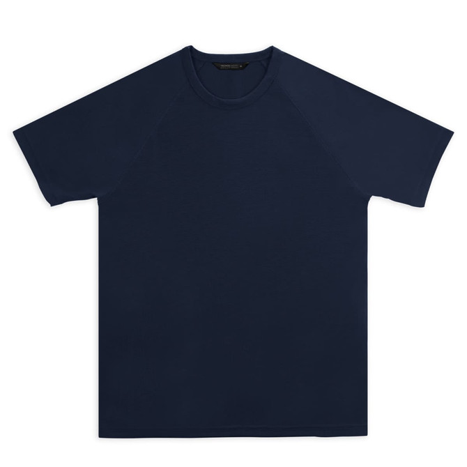 A navy blue men's sports T-shirt with short sleeves and a logo. Ideal for athletic activities.
