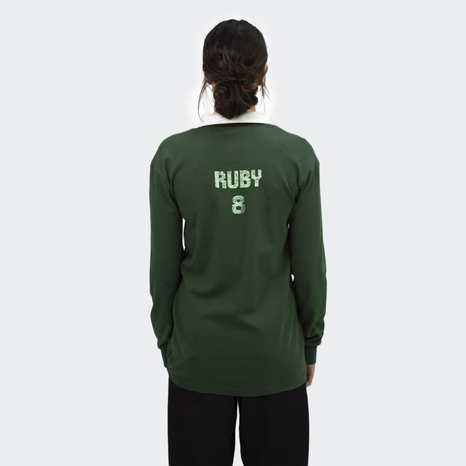 A unisex rugby jersey in dark green with a white collar and a rear print, featuring the word "RUBY" and the number "8."