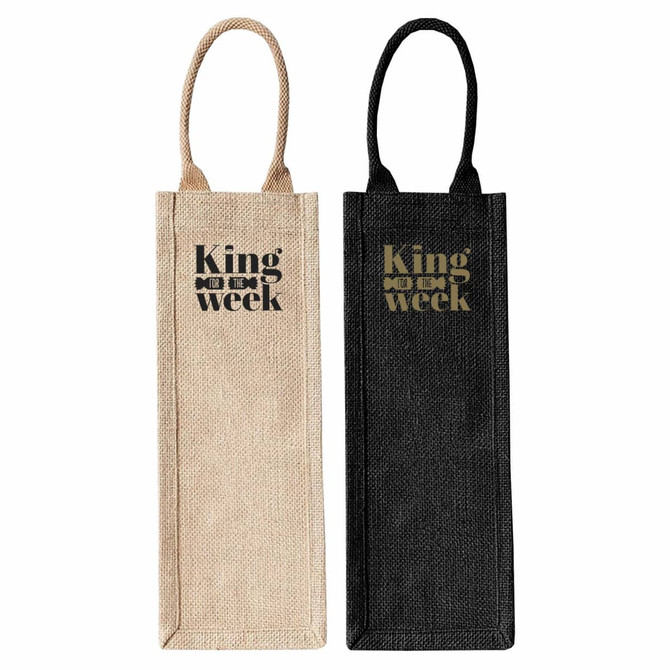 A jute wine carrier in natural and black colours, featuring handles and a logo. Suitable for transporting bottles.