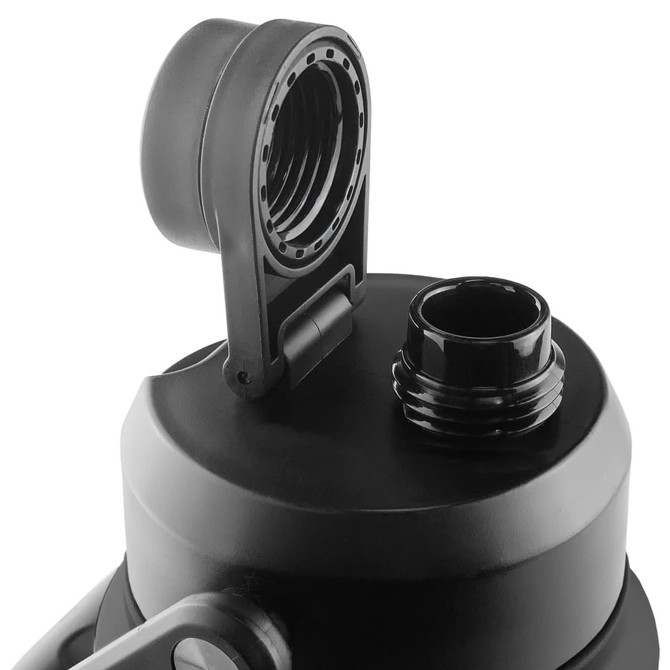 A drink bottle in black with a threaded opening and a flip-top cap. Features a logo on the side.