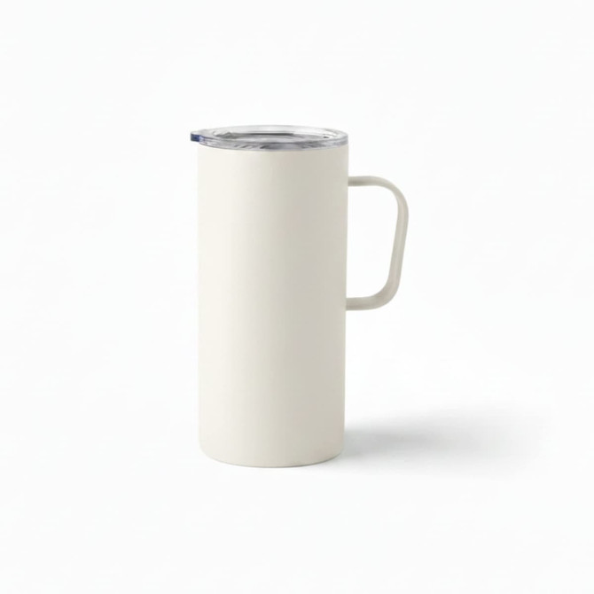 A travel mug in a cream colour with a clear lid and handle, featuring a logo on the side.
