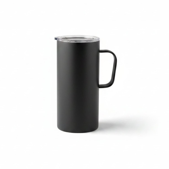 A travel mug in matte black with a transparent lid and a sturdy handle. It features a simple, modern design.