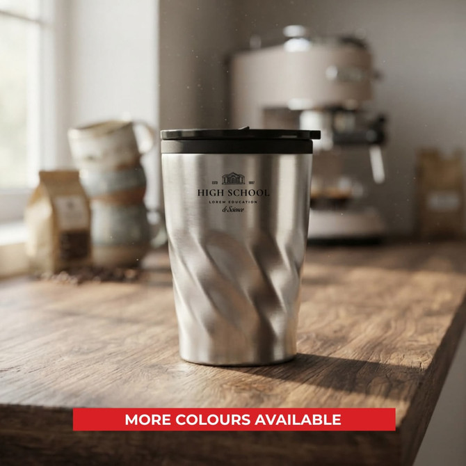 A stainless steel mug with a twisted design and a black lid, featuring a logo. More colours available.