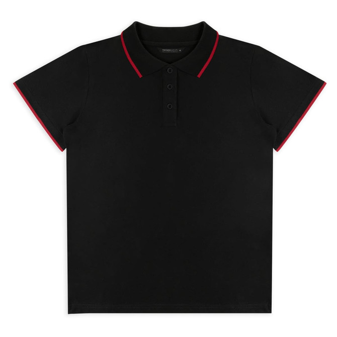 A black women's polo shirt with red accents on the collar and sleeves. Features a button-up design.