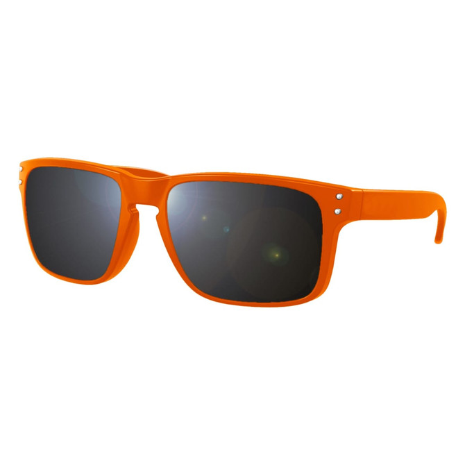 Bright orange sunglasses with dark lenses, featuring a sleek design and a logo on the arm.