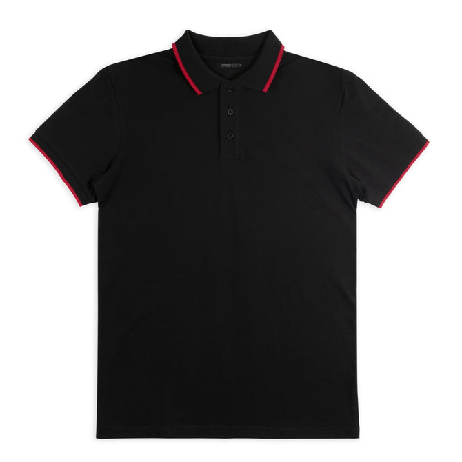 A black polo shirt with red accents on the collar and sleeves. It features a three-button placket and a branding logo.