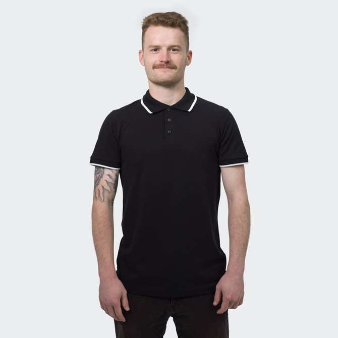 A black men's polo shirt featuring contrasting white collar and sleeve accents, worn by a model with a moustache.
