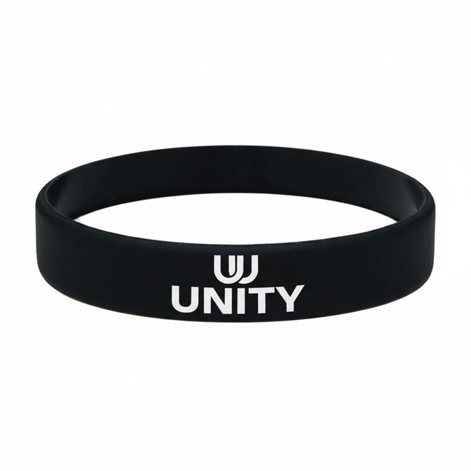 A black silicone wristband with a logo and the word "UNITY" in white text.