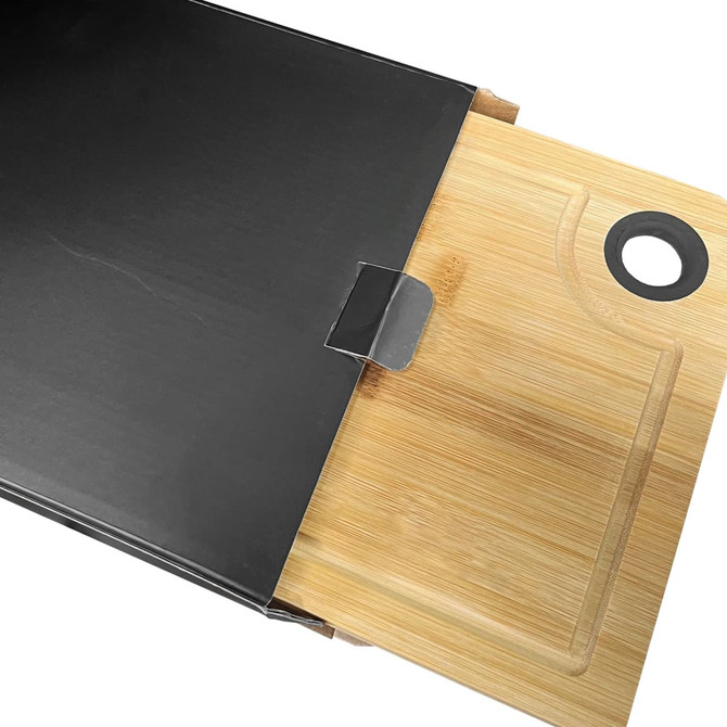 A bamboo cheeseboard with a black packaging, featuring a round cutout for easy handling.