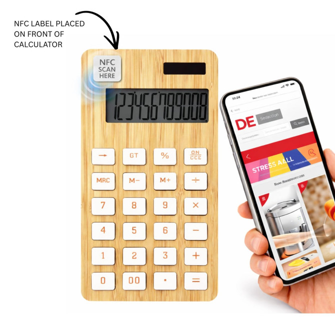 A bamboo calculator with a digital display and white buttons, alongside a smartphone displaying a webpage.