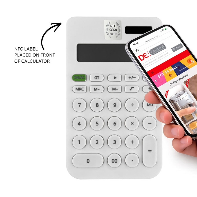 A white calculator with a black display and buttons, alongside a smartphone displaying a website, featuring a logo.